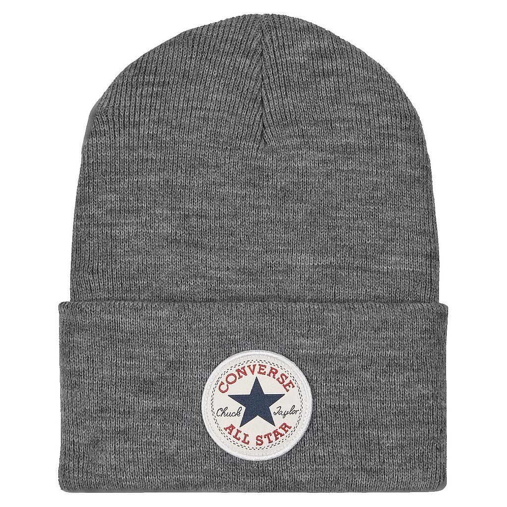 Converse Chuck Patch Beanie in black with embroidered Converse logo, soft knit fabric, stylish winter accessory.