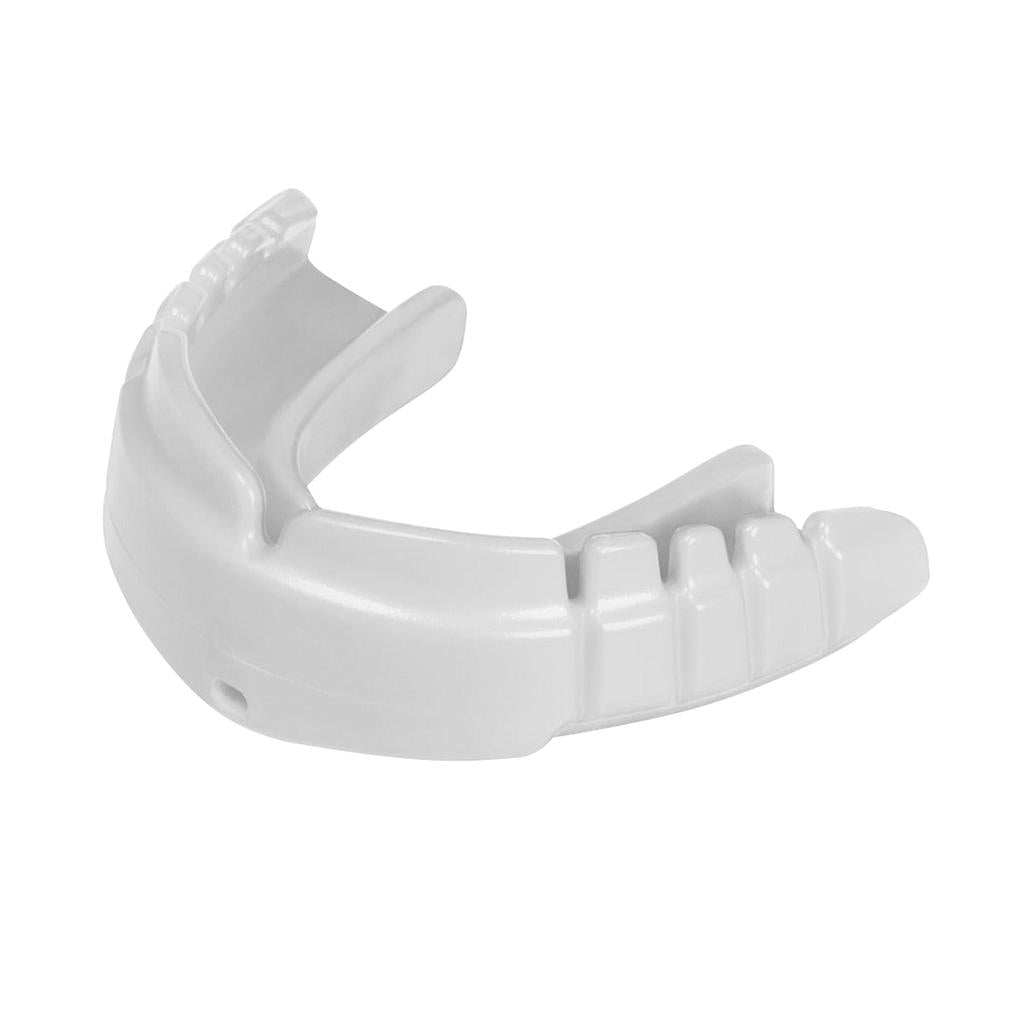 Opro Snap-Fit Braces Mouthguard for sports, showing a close-up of the blue and white protective mouthguard fitted for braces.