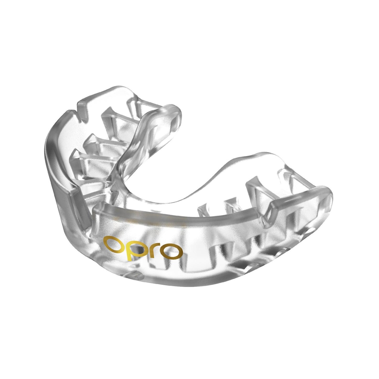 Opro Self-Fit GEN5 Gold mouthguard for sports, showing a close-up of the custom-fit, molded mouthguard in gold color.