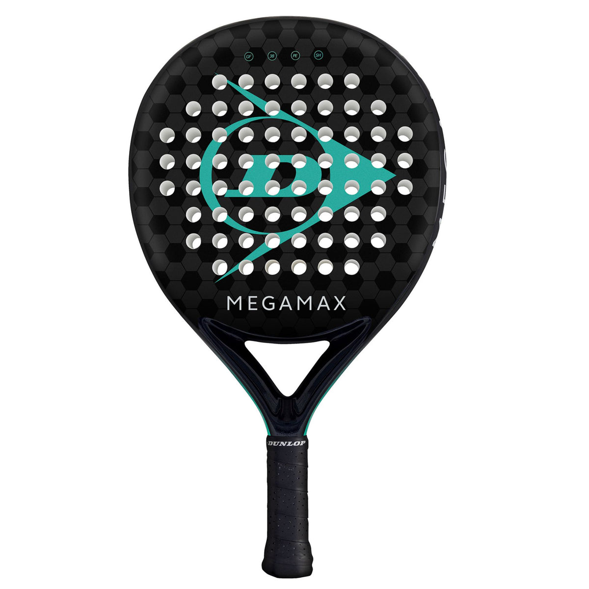 Dunlop Megamax Padel Racket with black and teal design, ergonomic grip, and lightweight frame for enhanced paddle tennis performance.