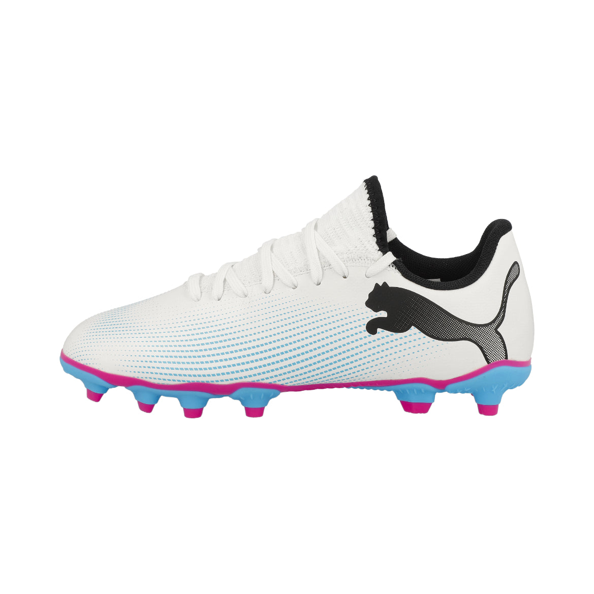 Puma Future 7 Play junior football boots with FG/AG studs, black and white design, suitable for soccer matches.