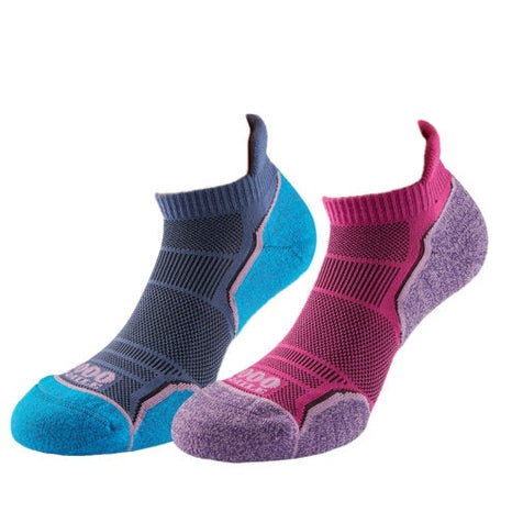 Pair of 1000 Mile Ladies Run Socklet Twin Pack running socks with breathable fabric and cushioned soles for comfortable running.