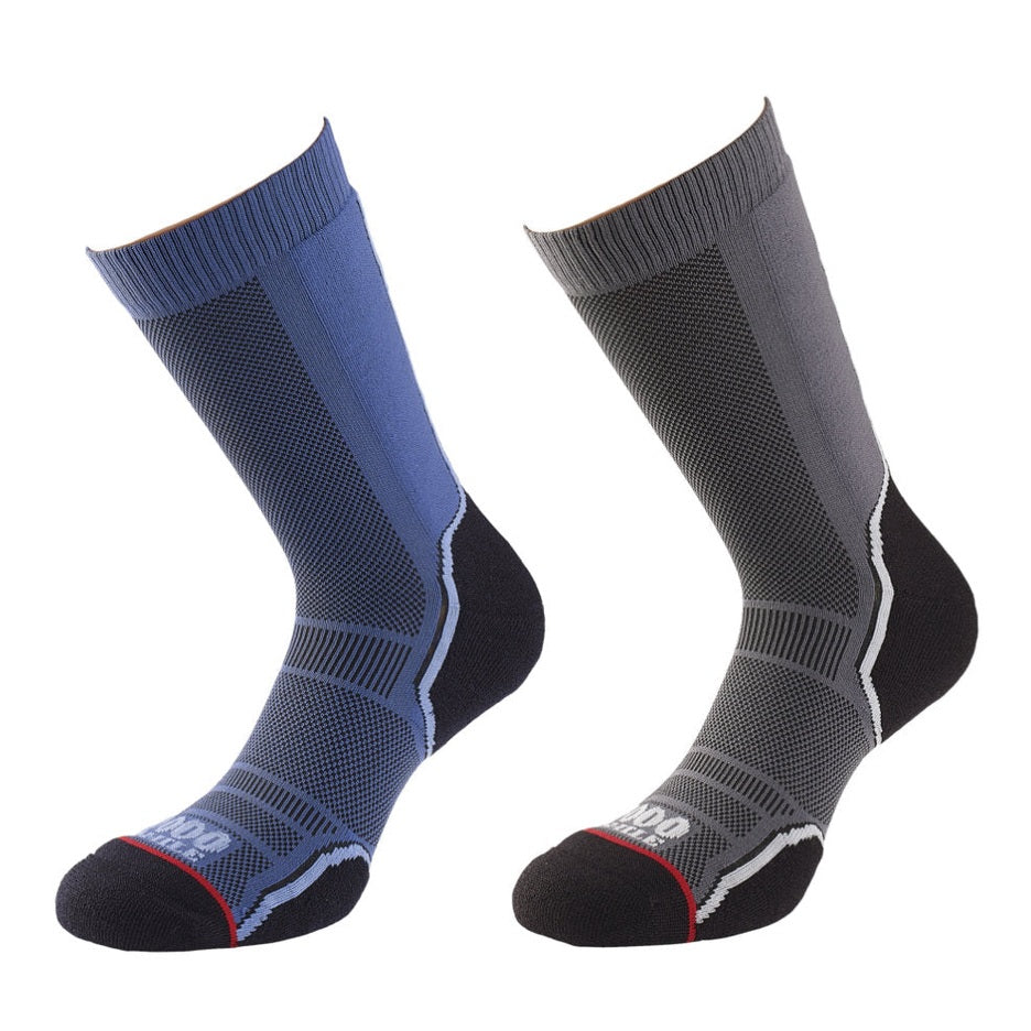 Pair of 1000 Mile men's trek socks in a twin pack for hiking and trekking, showing reinforced heel and cushioned sole.