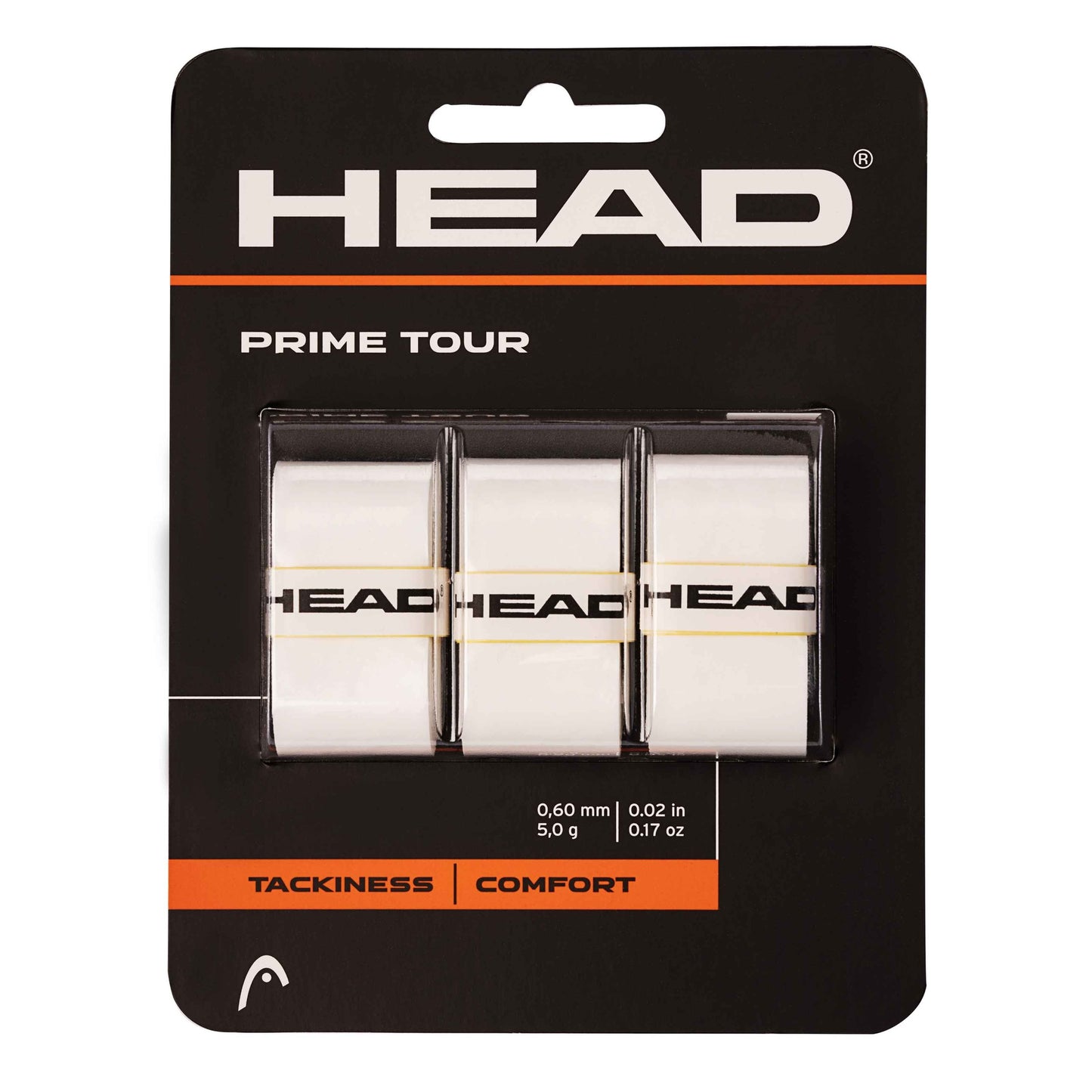 Head Prime Tour 3 Pack Overgrips for tennis rackets, close-up of black and white grips with textured surface.