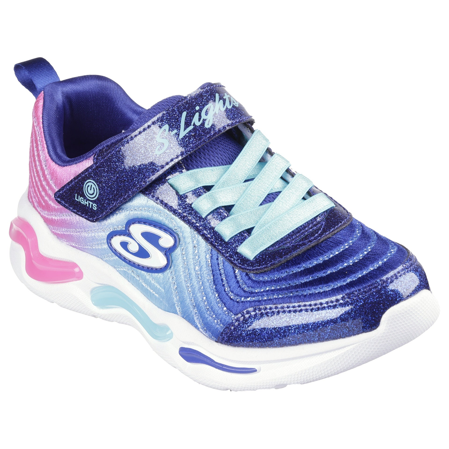 Skechers S Lights Wavy Beams light-up kids' athletic shoe in navy with wavy design and glowing light-up features.