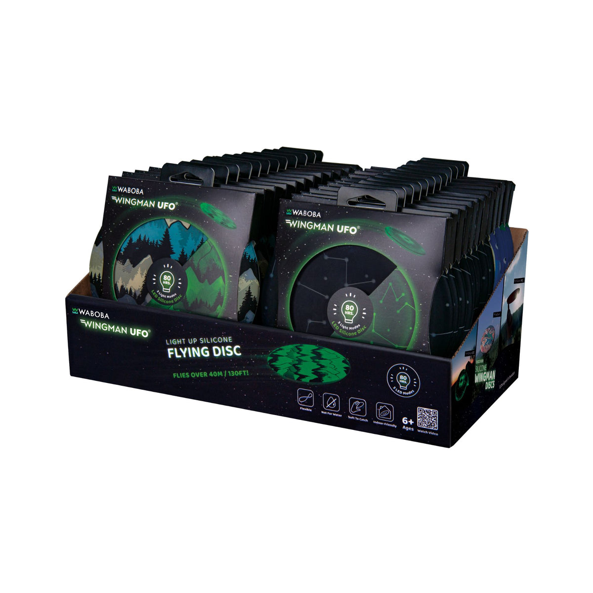 Waboma Wingman UFO LED flying disc in vibrant colors, designed for outdoor sports and nighttime play.