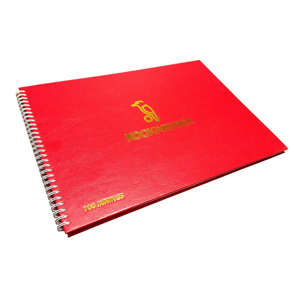Kookaburra Scorebook Wirebound for 100 innings, sports equipment for cricket scoring, with pages and binding visible.