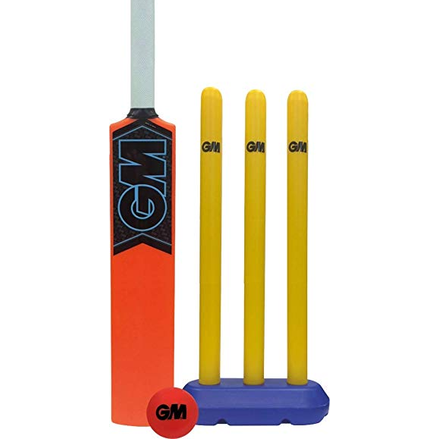 Gunn and Moore GM Striker Youth Cricket Set for ages 8-11, including cricket bat, ball, and protective gear on a sports field