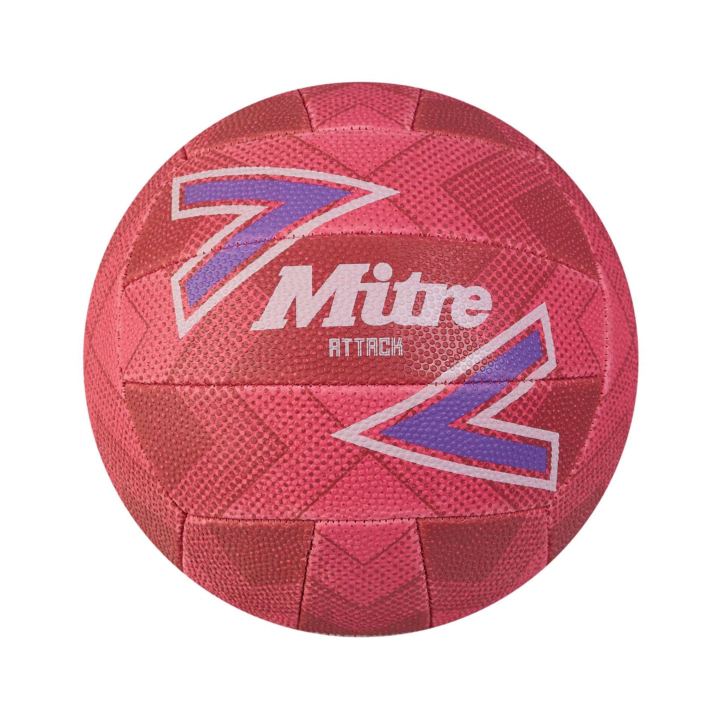 Mitre Attack netball training ball with colorful design, suitable for sporting goods and outdoor netball practice.
