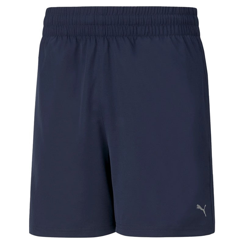 Puma Performance Woven 5-inch athletic shorts in black with Puma logo, lightweight and designed for sports and active wear.