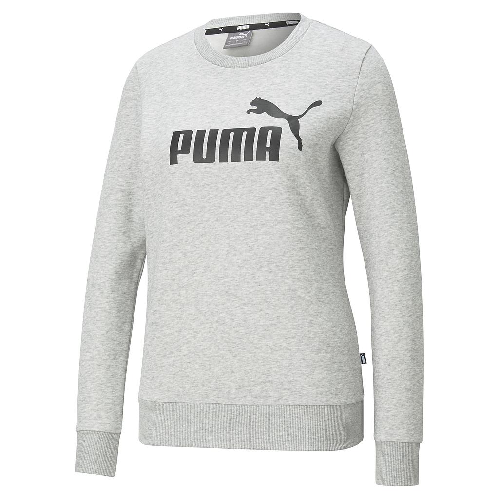Puma women's ESS Logo crew sweatshirt in sporting goods, featuring a comfortable fit with Puma branding and logo on the front.