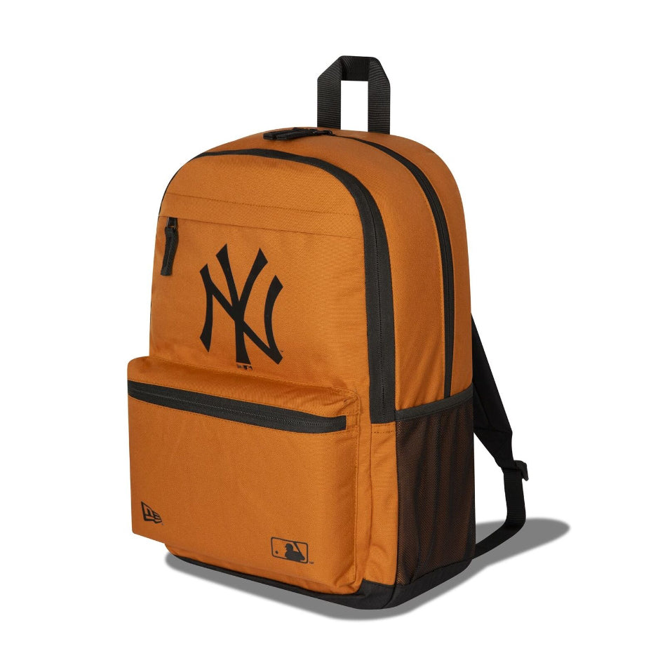 New Era New York Yankees backpack with sports team logo, black fabric, adjustable straps, and multiple compartments.
