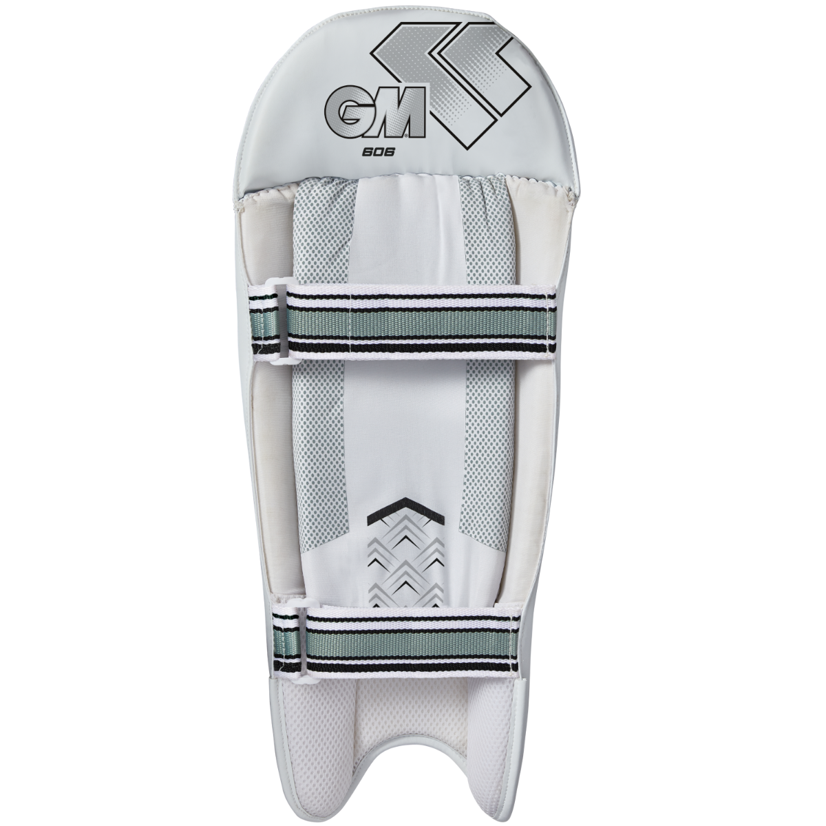 Back view of Gunn & Moore GM Cricket 606 Wicket Keeping Pads with padded straps and protective design for cricket wicket keeping.