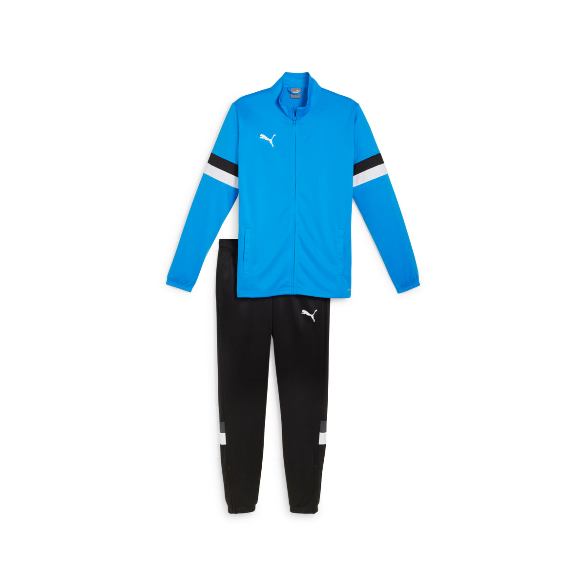 Puma teamRISE All Weather Training Jacket in black, shown on a hanger with front zipper and athletic design.