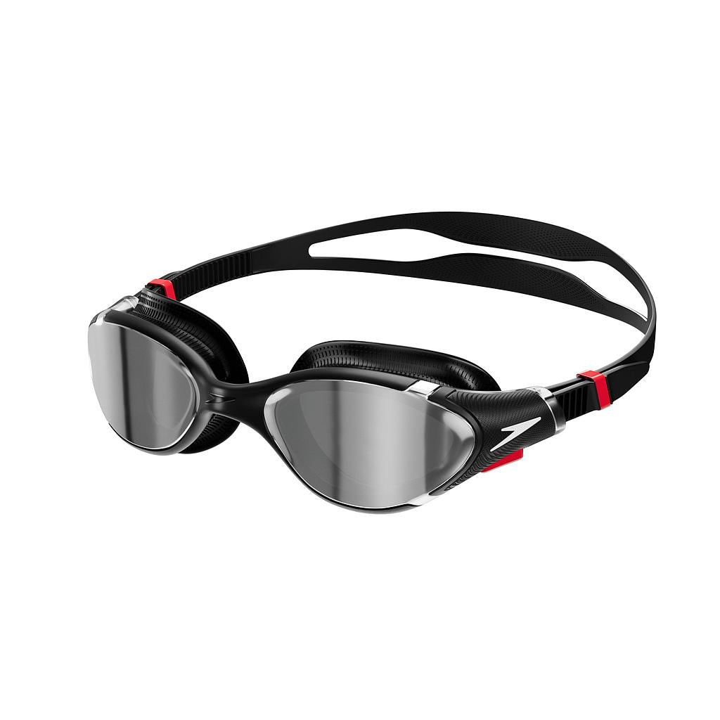 Speedo Biofuse 2.0 mirror goggles with tinted lenses and adjustable straps for swimming and water sports.