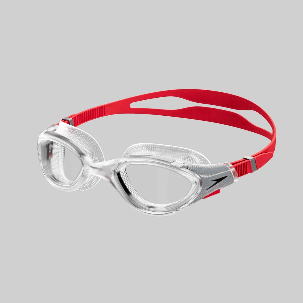 Speedo Biofuse 2.0 swimming goggles with adjustable straps and clear lenses, designed for comfortable water sports use.