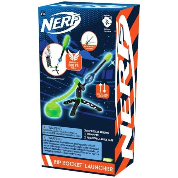 Nerf Rip Rocket Launcher in vibrant colors, sporting goods toy for kids with foam rockets and easy-to-use design.