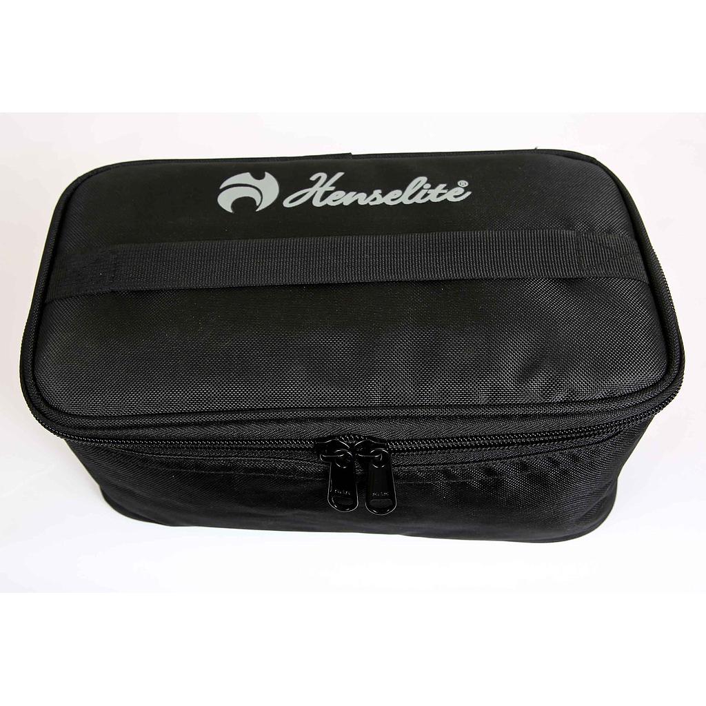 Henselite Two Bowl Bag for sporting bowls, black fabric with shoulder strap and storage compartments, designed for easy transport.