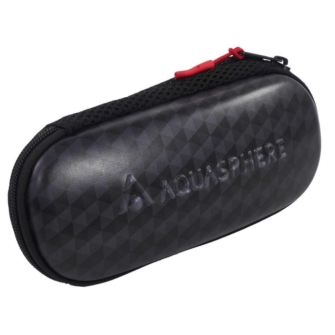 Aquasphere swimming mask case in black, compact and protective storage for goggles, with a clear top and zipper closure.