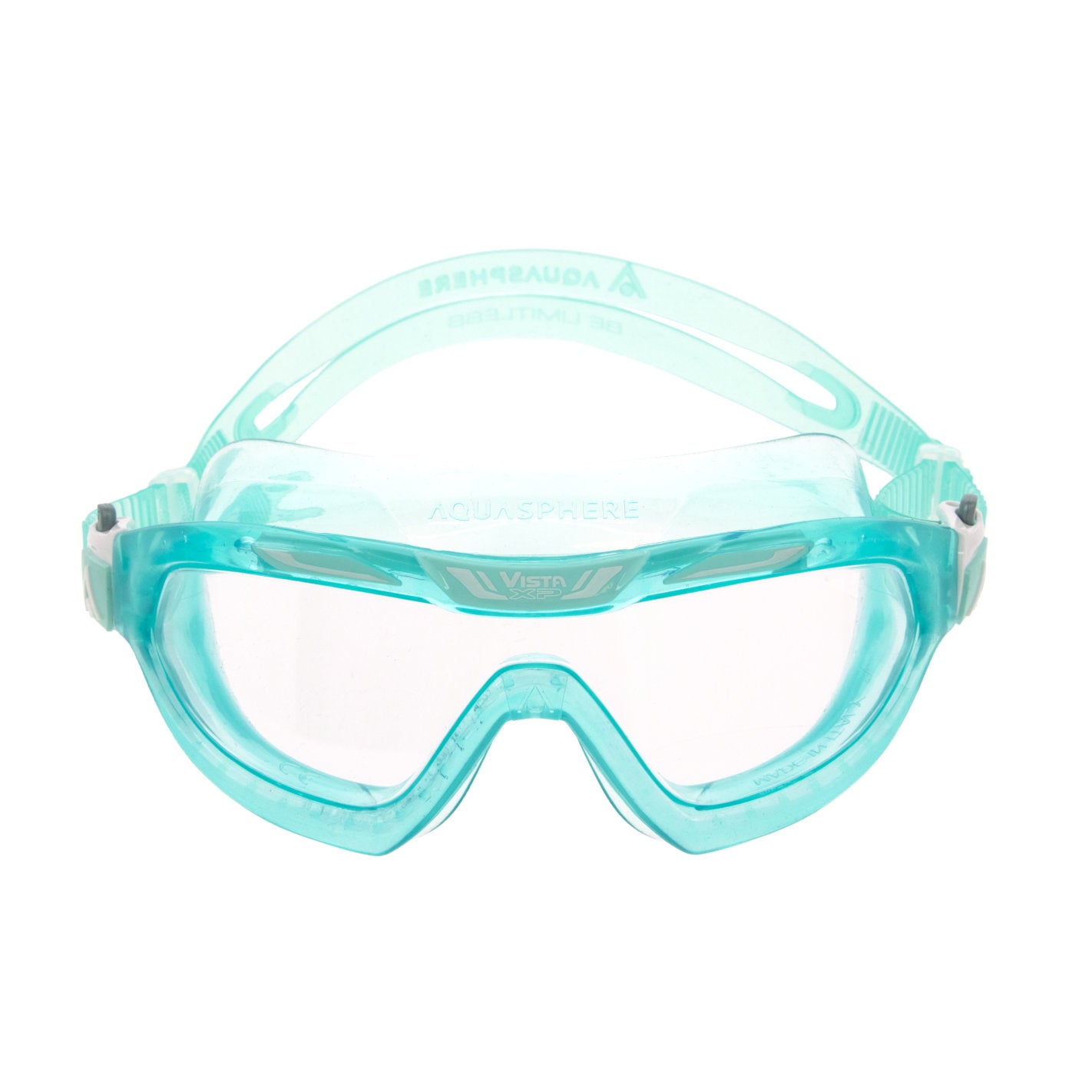 Aquasphere Vista XP swimming mask with clear silicone skirt and adjustable strap, designed for comfortable underwater fit.