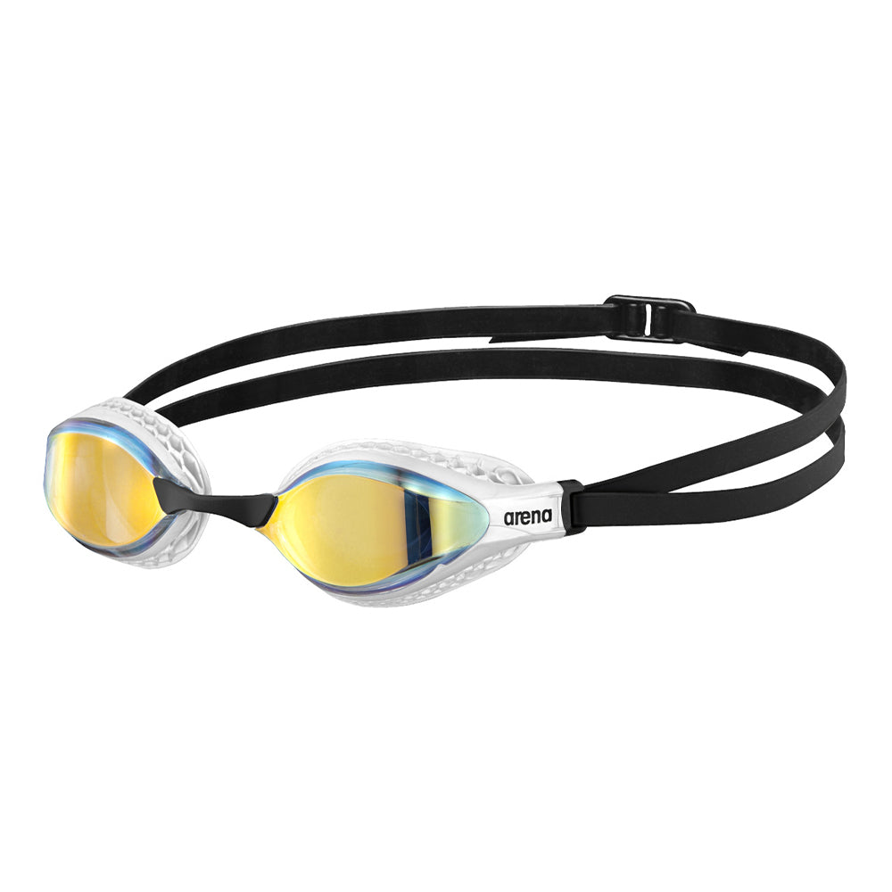 Arena Airspeed Mirror Swim Goggles with reflective lenses, adjustable strap, and streamlined design for competitive swimming.