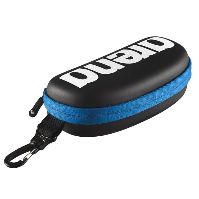 Arena swim goggle case in black, compact protective case with zipper closure for storing and transporting swim goggles.