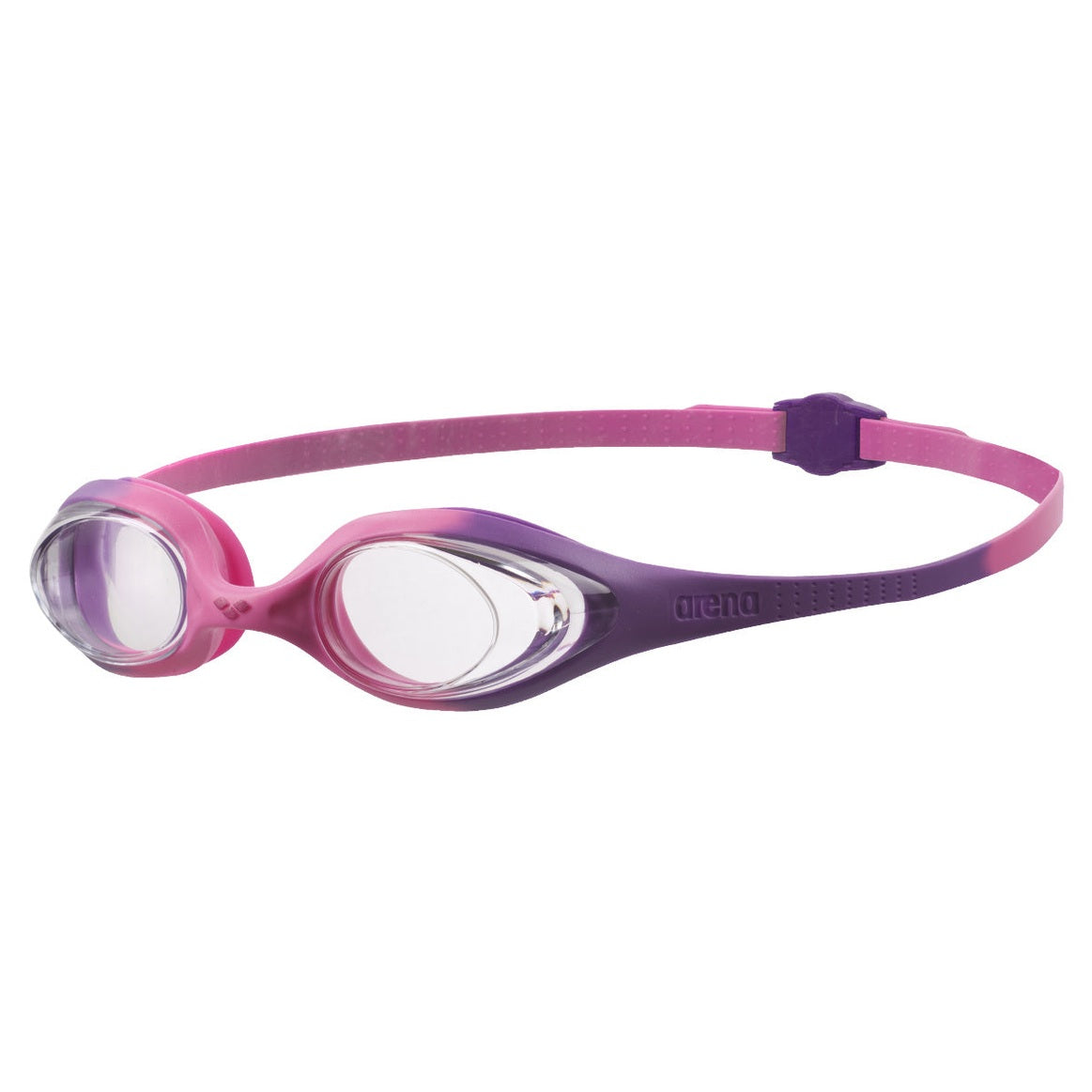 Arena Spider Junior Swim Goggles in blue with adjustable straps and clear lenses, designed for kids' swimming.