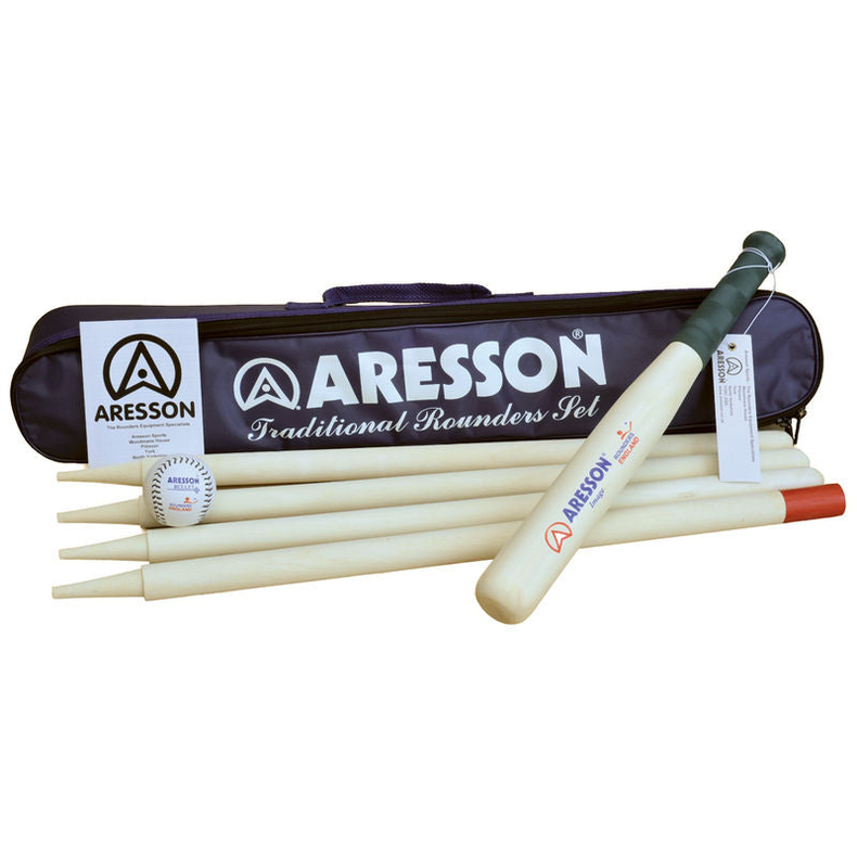 Aresson Traditional Rounders Set with wooden bat, ball, and bases for outdoor sporting fun and team play.
