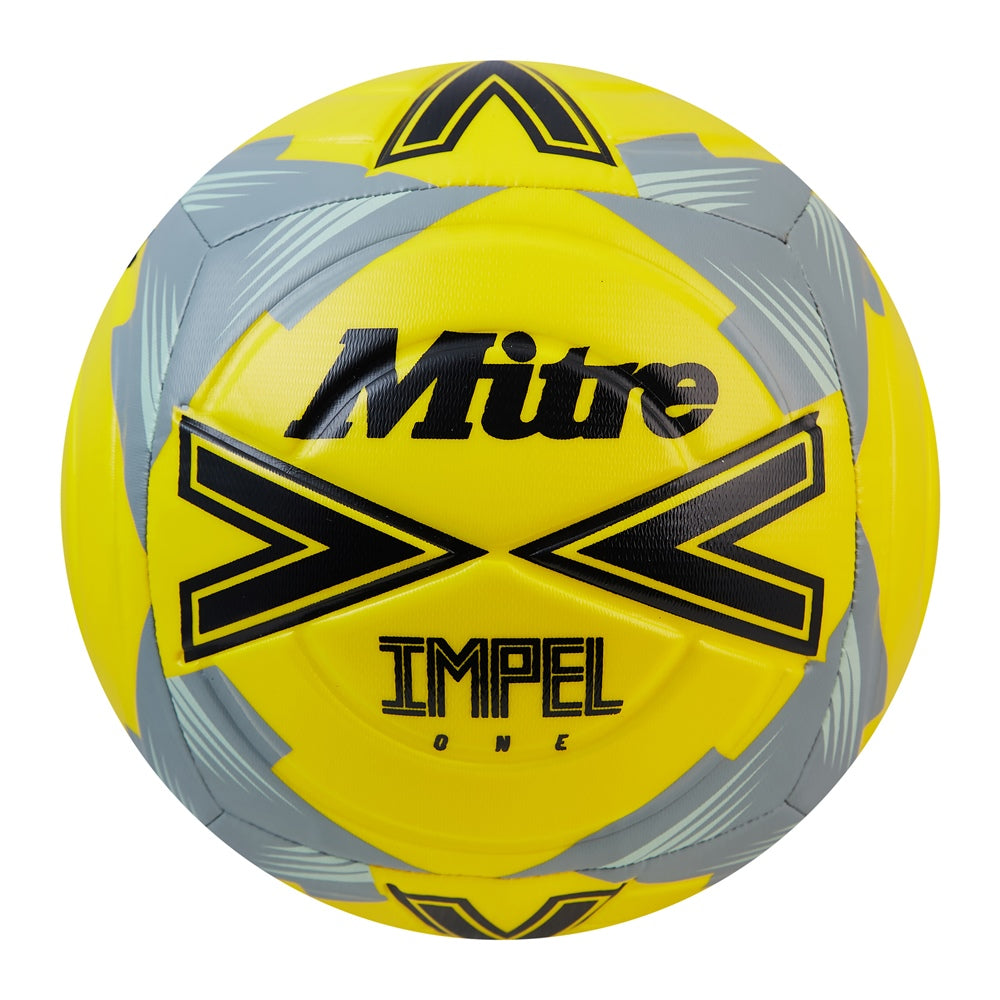 Mitre Impel One football for grass and astro surfaces, showing its durable construction and vibrant design.