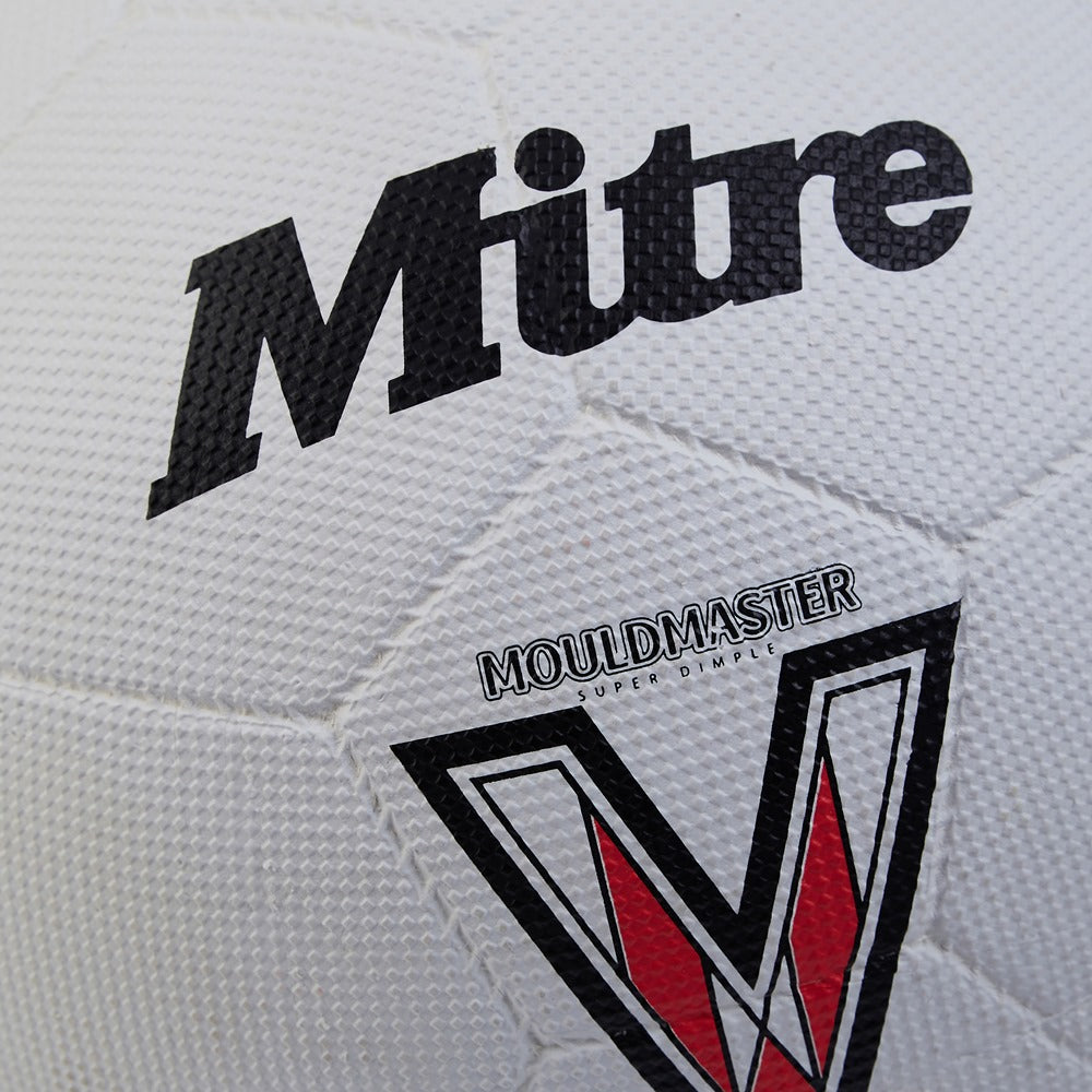 Mitre Super Dimple Football showing a close-up of the textured surface and branding on a high-quality football ball.