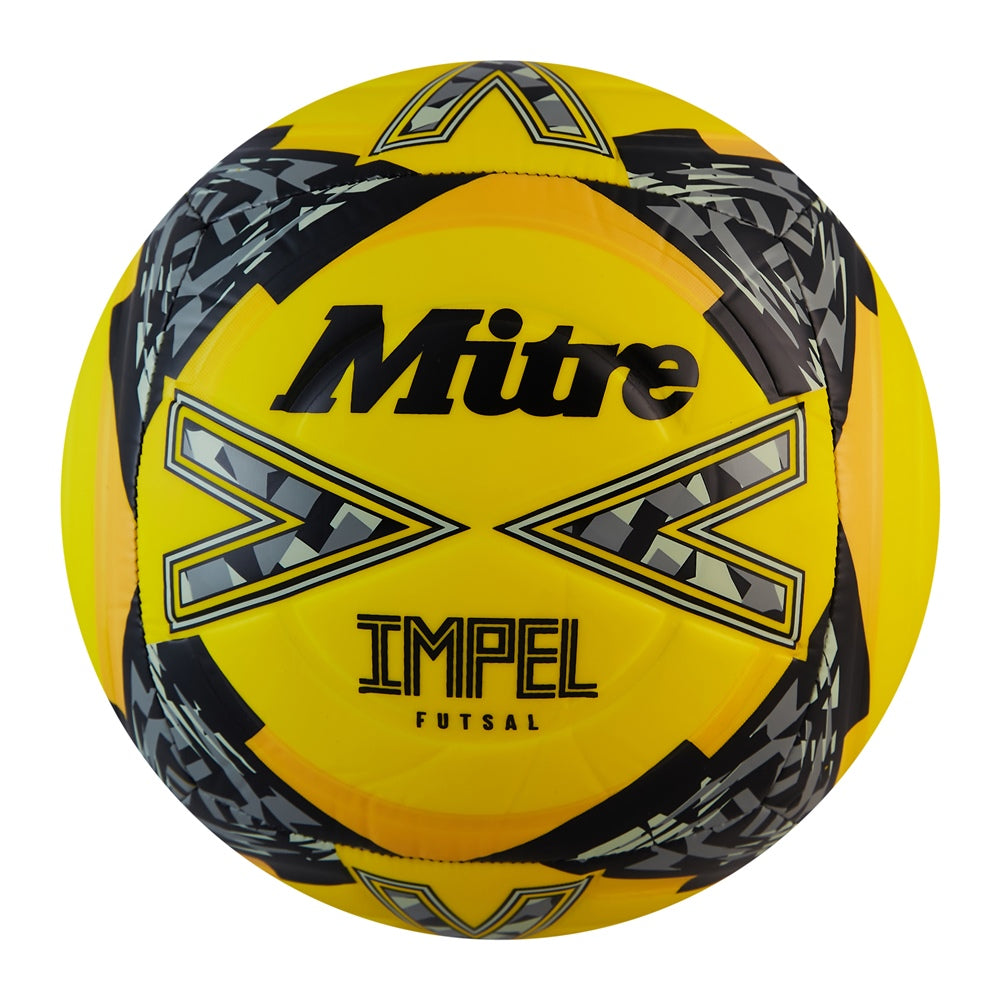 Mitre Impel Futsal Football showing the white and blue design with Mitre branding for indoor soccer play.