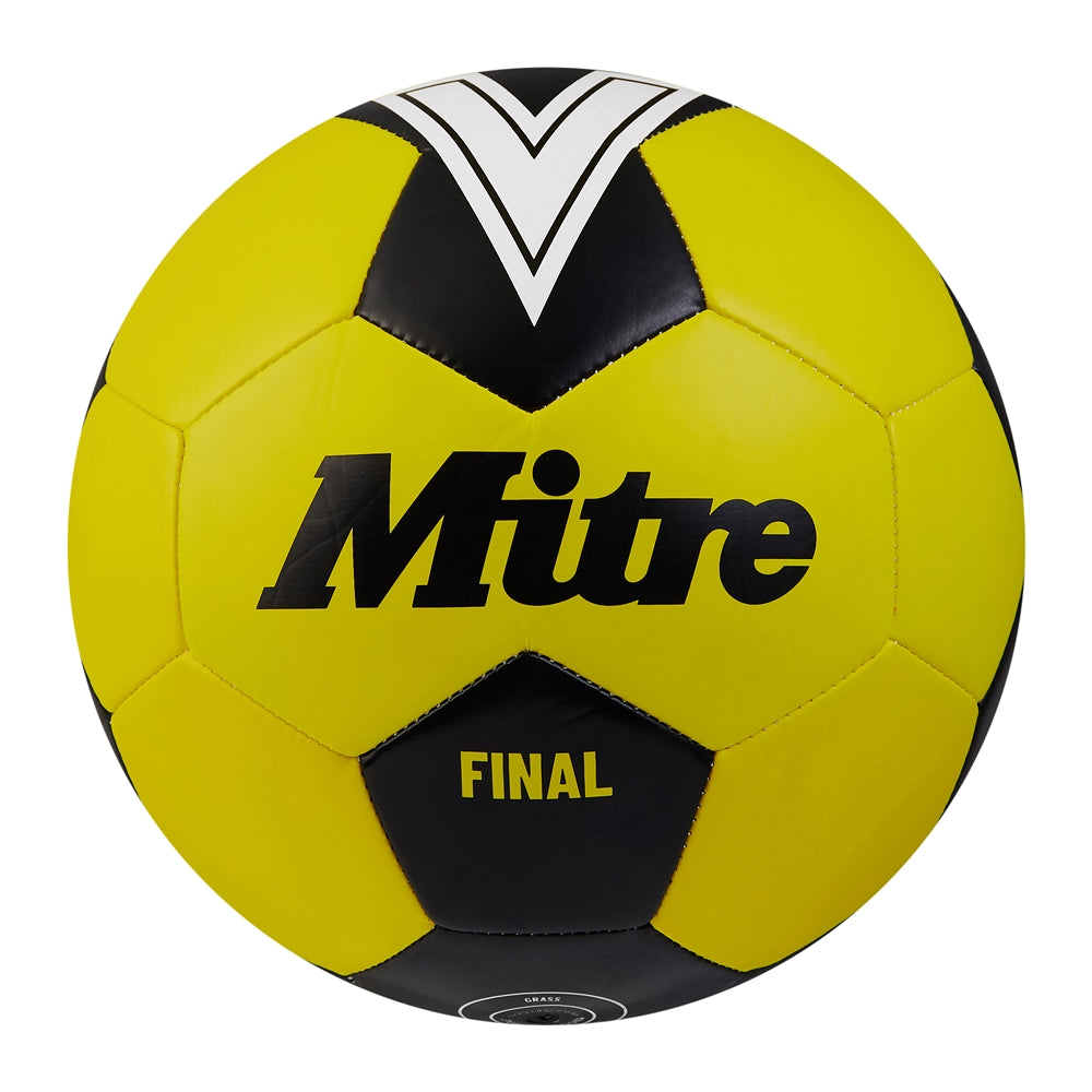 Mitre Final football showing the white and yellow design with brand logo, outdoor football ball on a grassy field.