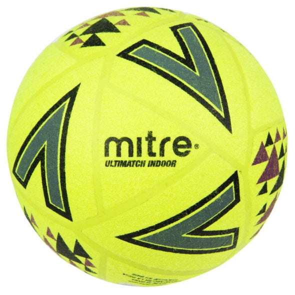 Mitre B5038 Ultimatch indoor football showing its black and white panel design on a gym floor.
