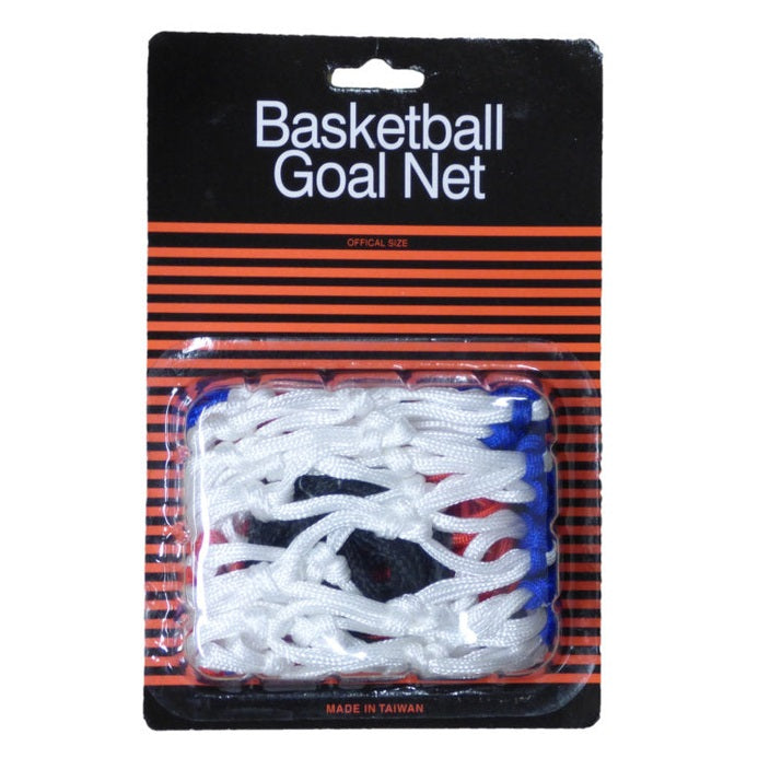 Red, white, and blue basketball net replacement for hoops, designed by Cartasport, hanging from a basketball rim.