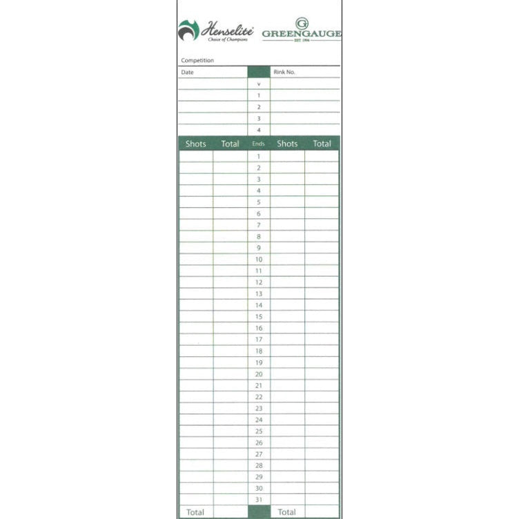 Henselite Bowls score cards pack of 100, durable paper score sheets for lawn bowls games, featuring Henselite branding and design.