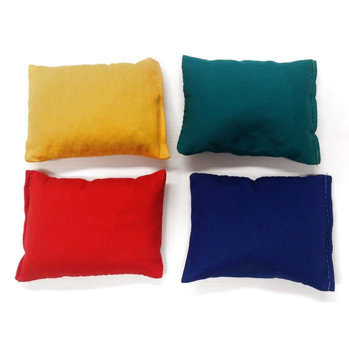 Set of four colorful Cartasport athletic bean bags for PE training, with vibrant multi-color fabric and lightweight design.