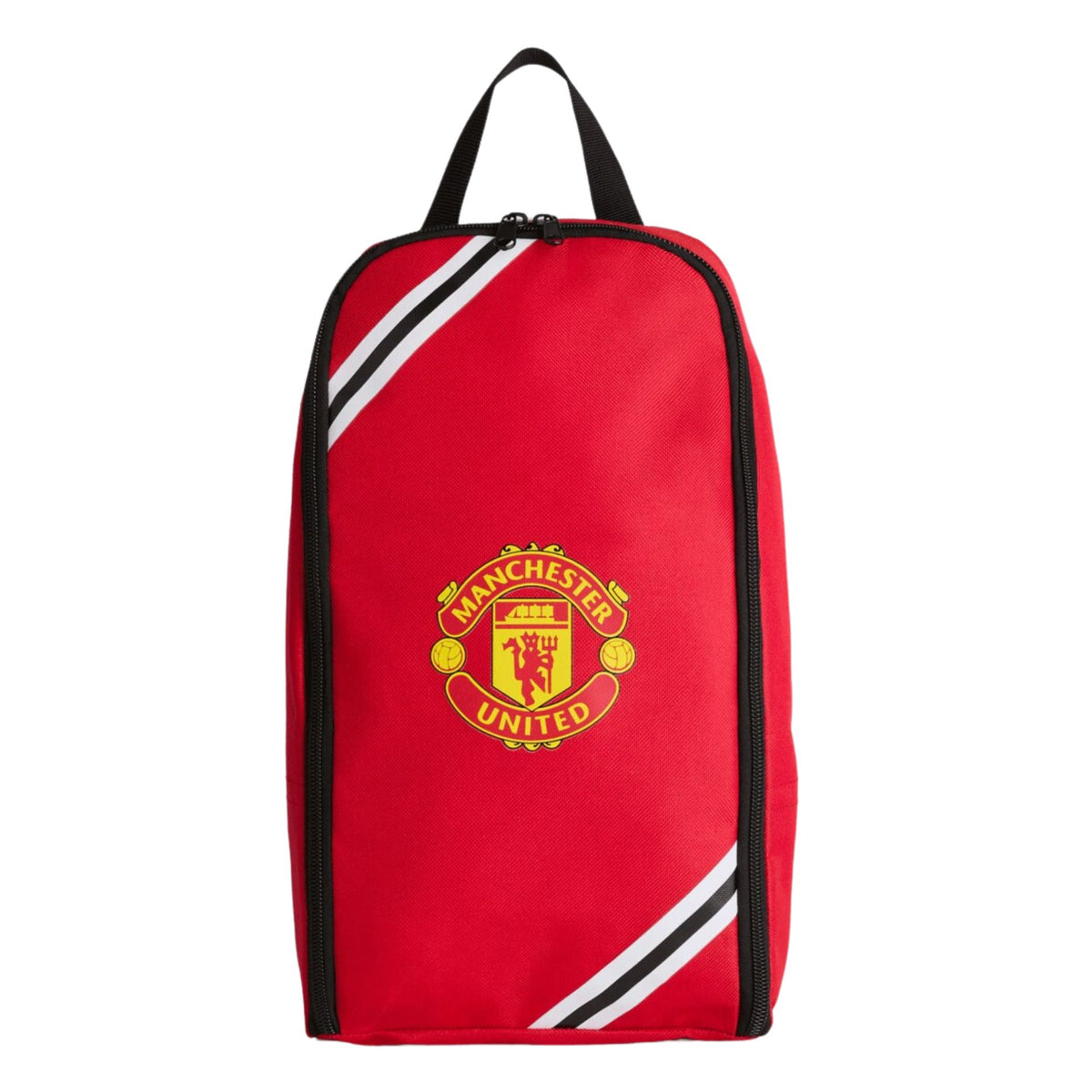 Foco Manchester United Core Stripe boot bag with red and black stripes, sport shoe storage, and Manchester United logo.