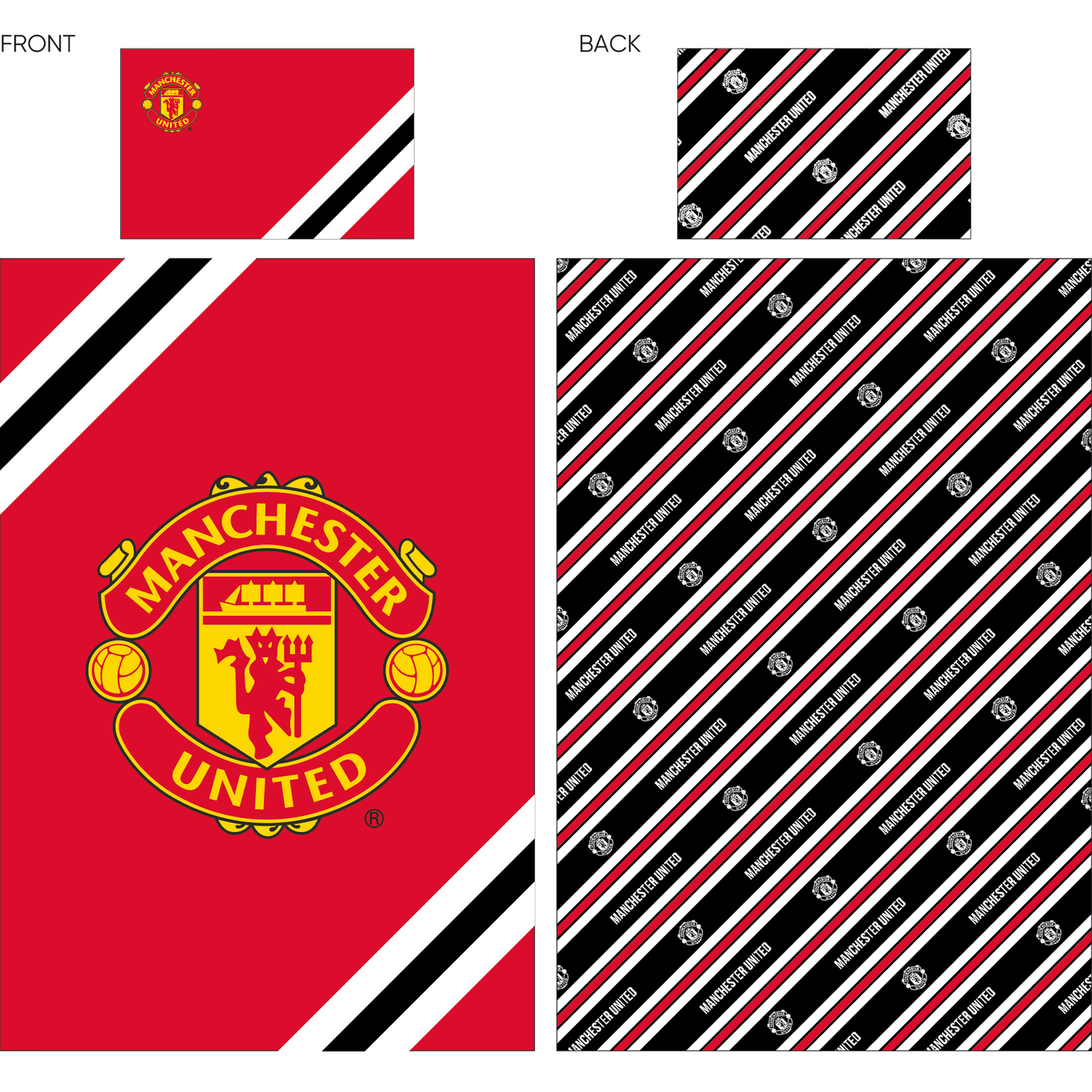 Manchester United Core Stripe single duvet set by Foco featuring red and white stripes on soft fabric bedding.