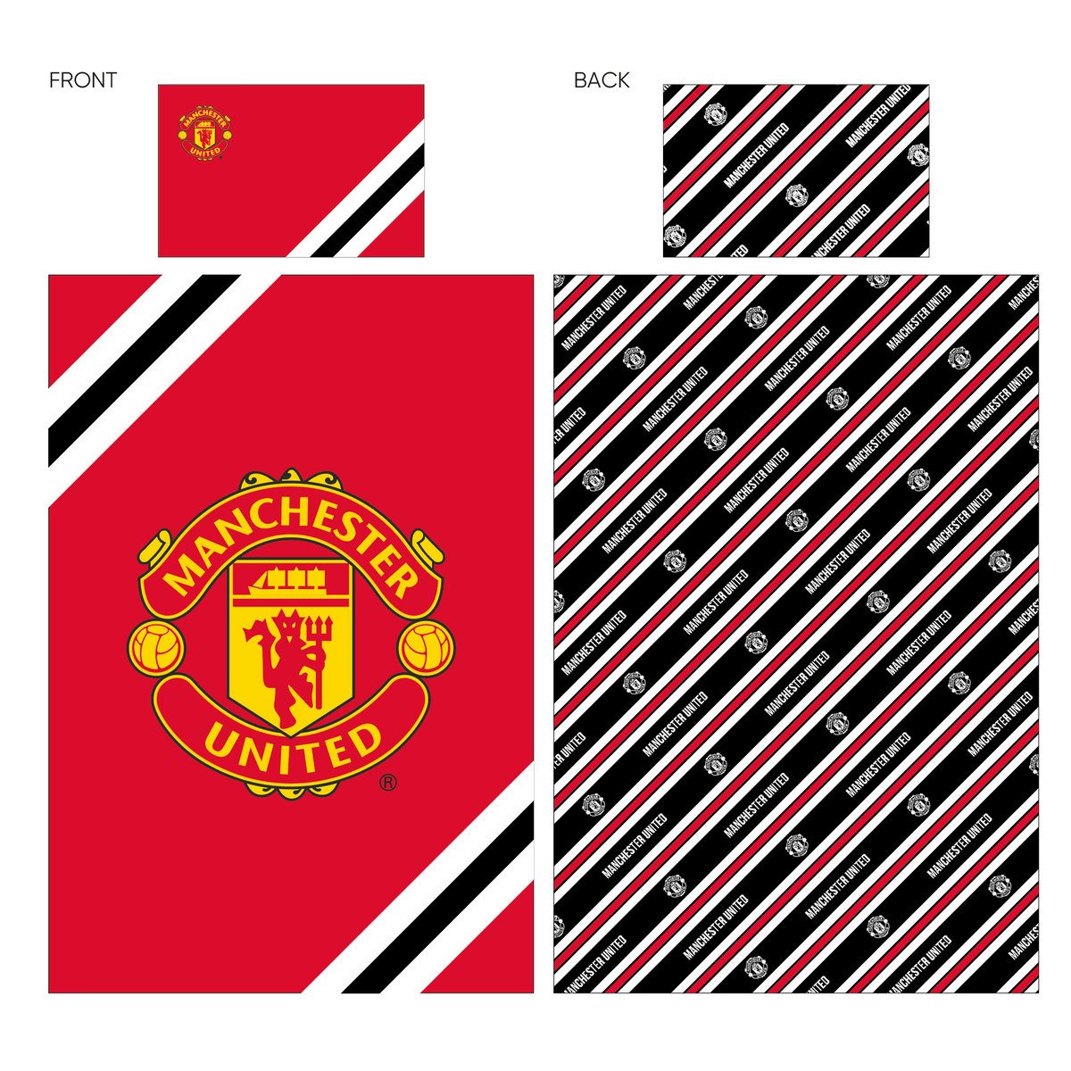 Manchester United Core Stripe single duvet set by Foco featuring red, white, and black striped bedding for sports fans.