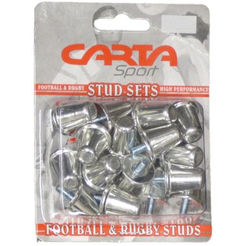 Set of 16 aluminium rugby union studs by Cartasport in blister pack, suitable for rugby boots and field gameplay.