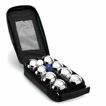 Set of 8 chrome boules for outdoor games by Cartasport, shiny metal balls ideal for lawn or garden boules play.