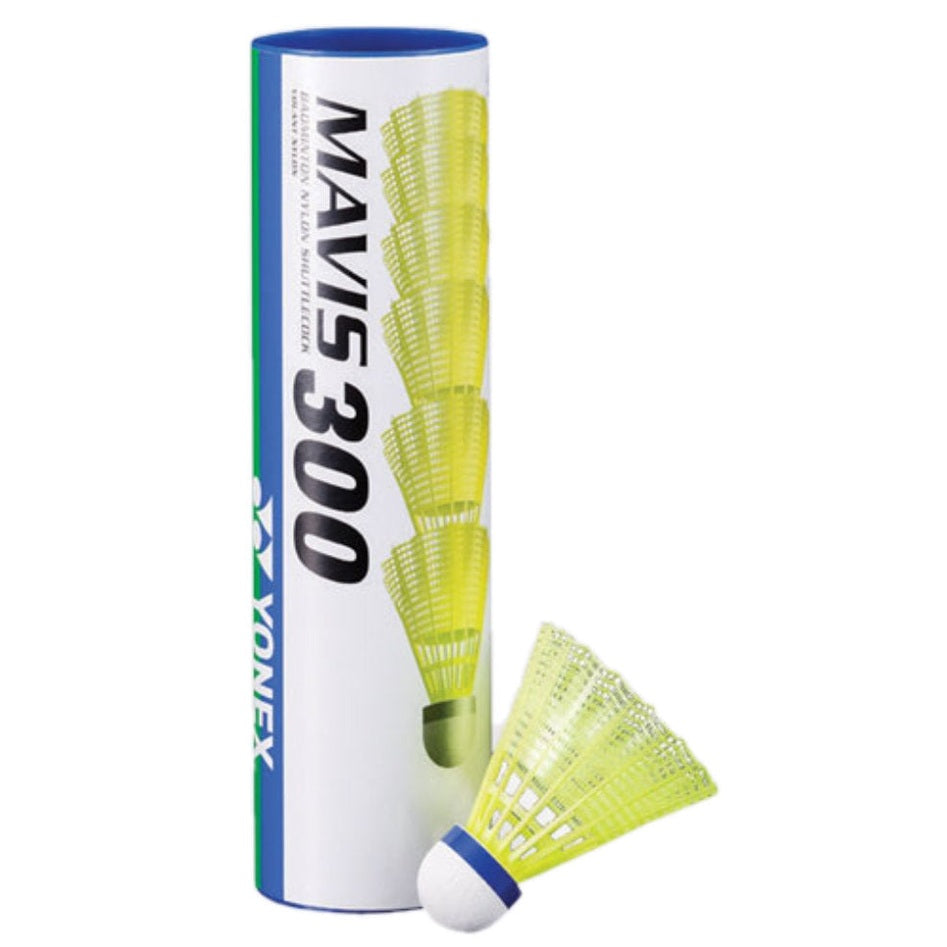 Yellow Yonex Mavis 300 badminton shuttlecocks with blue markings, designed for medium speed play.