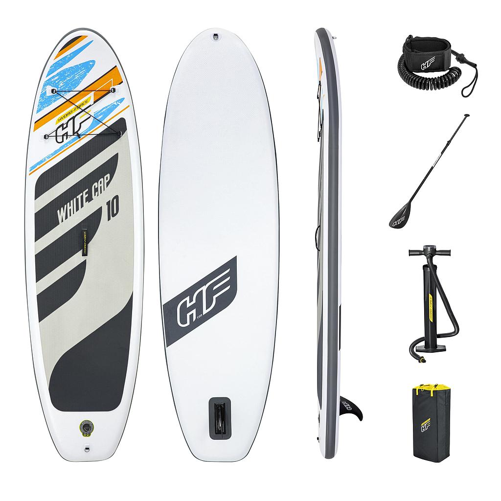 Hydro-Force White Cap 10ft inflatable stand-up paddleboard set with paddle, fins, and pump, ideal for water sports and recreation.