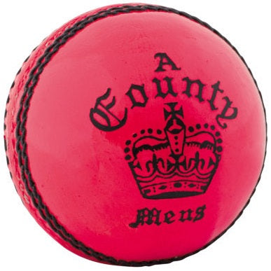 Readers County Crown cricket ball with red leather, white stitching, and visible brand logo, designed for cricket play.