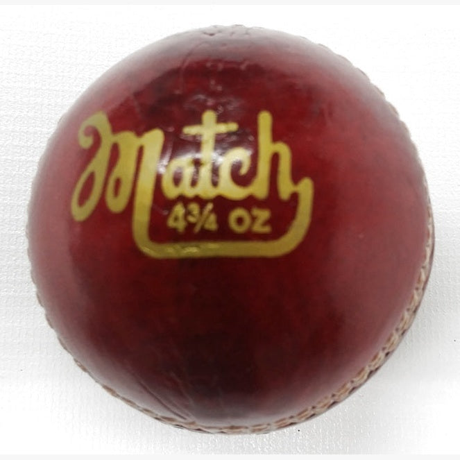 Cartasport cricket ball, 4 3/4 oz., standard match cricket ball with red leather cover and white stitching.