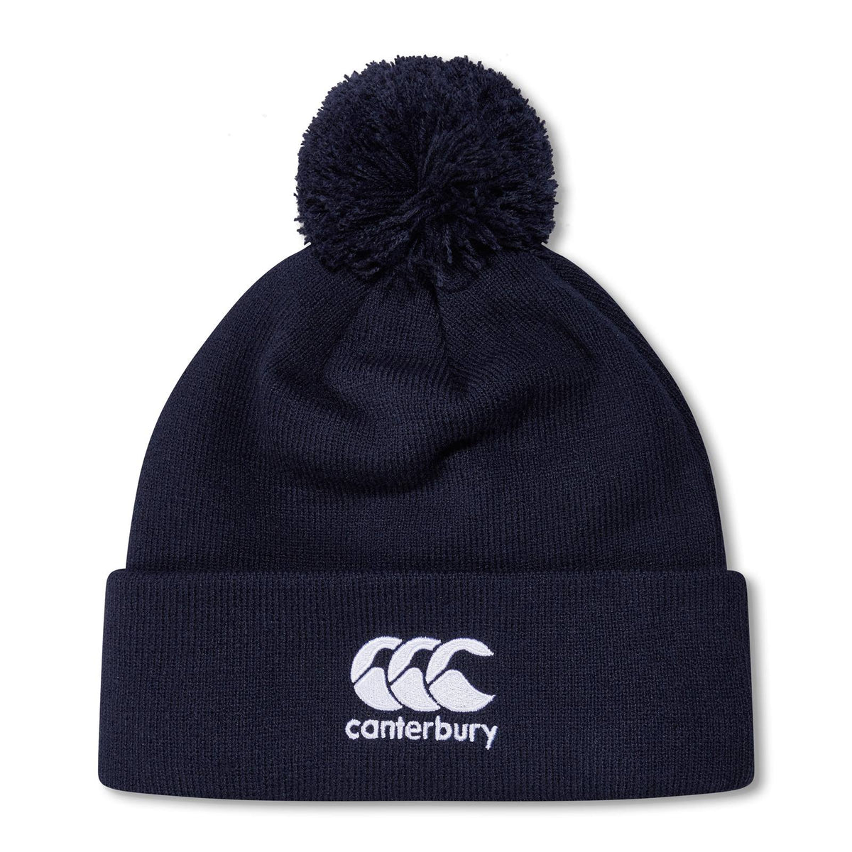 Canterbury rugby bobble hat in navy with white pom-pom, featuring rugby team logo, warm knit winter accessory.