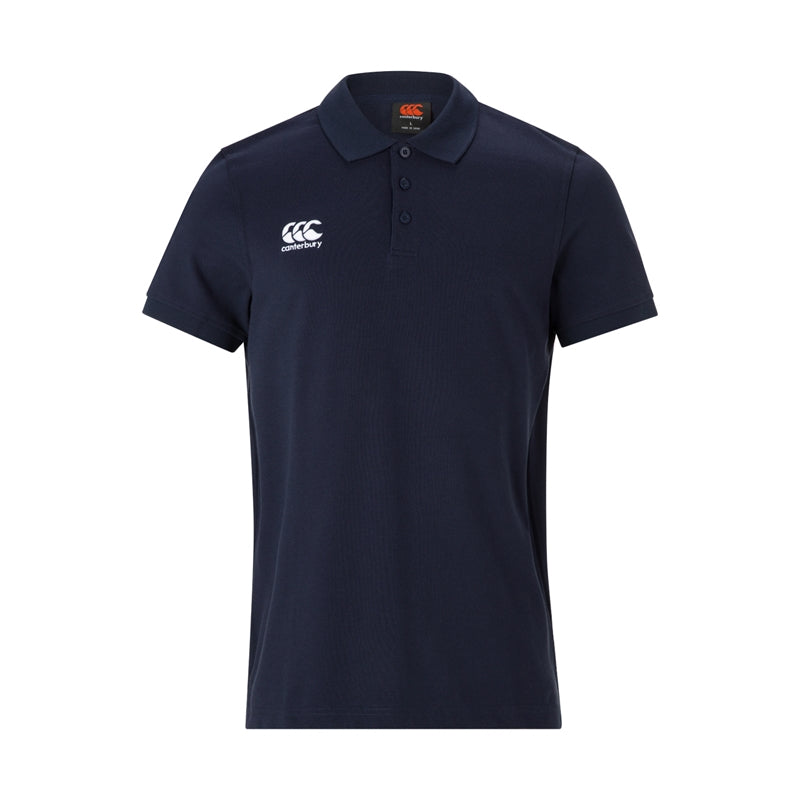 Canterbury Waimak rugby polo shirt in navy with white accents, short sleeves, and Canterbury logo on chest.