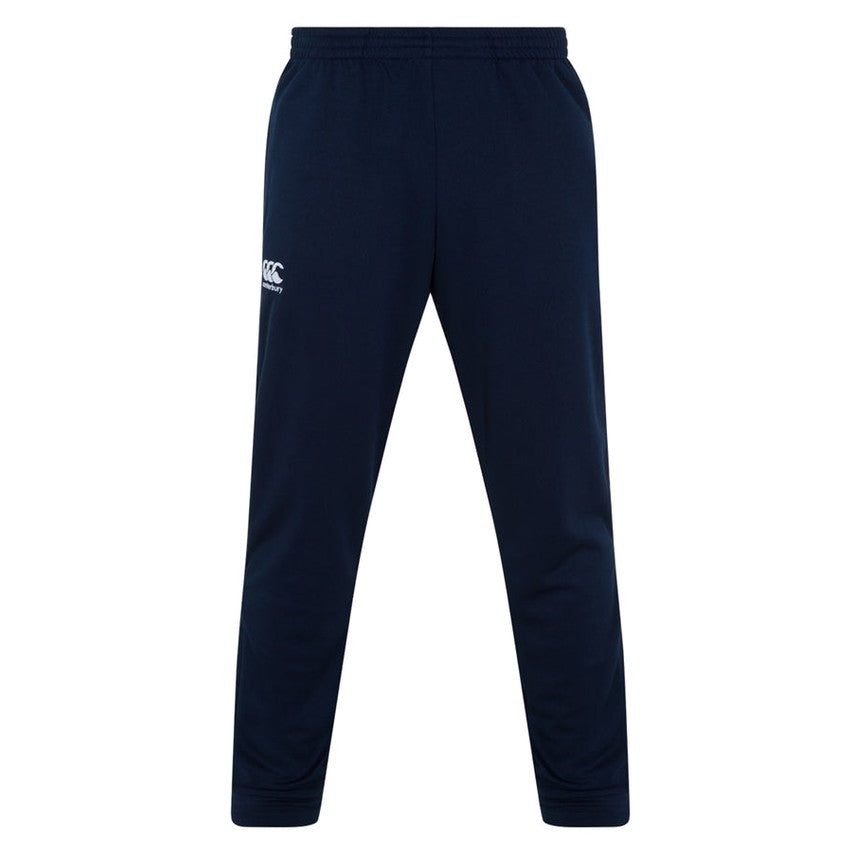 Canterbury rugby stretch tapered pants in dark color, showing a close-up of the fitted, flexible fabric and tapered design.