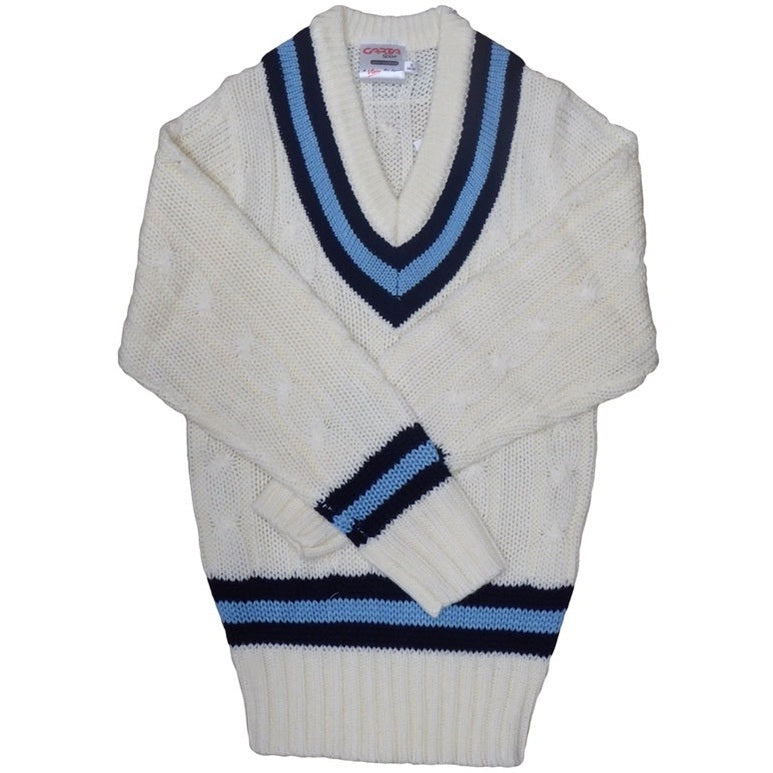 Cartasport cable knit cricket sweater featuring a textured pattern, ribbed collar, and long sleeves, suitable for cricket fans and casual wear.