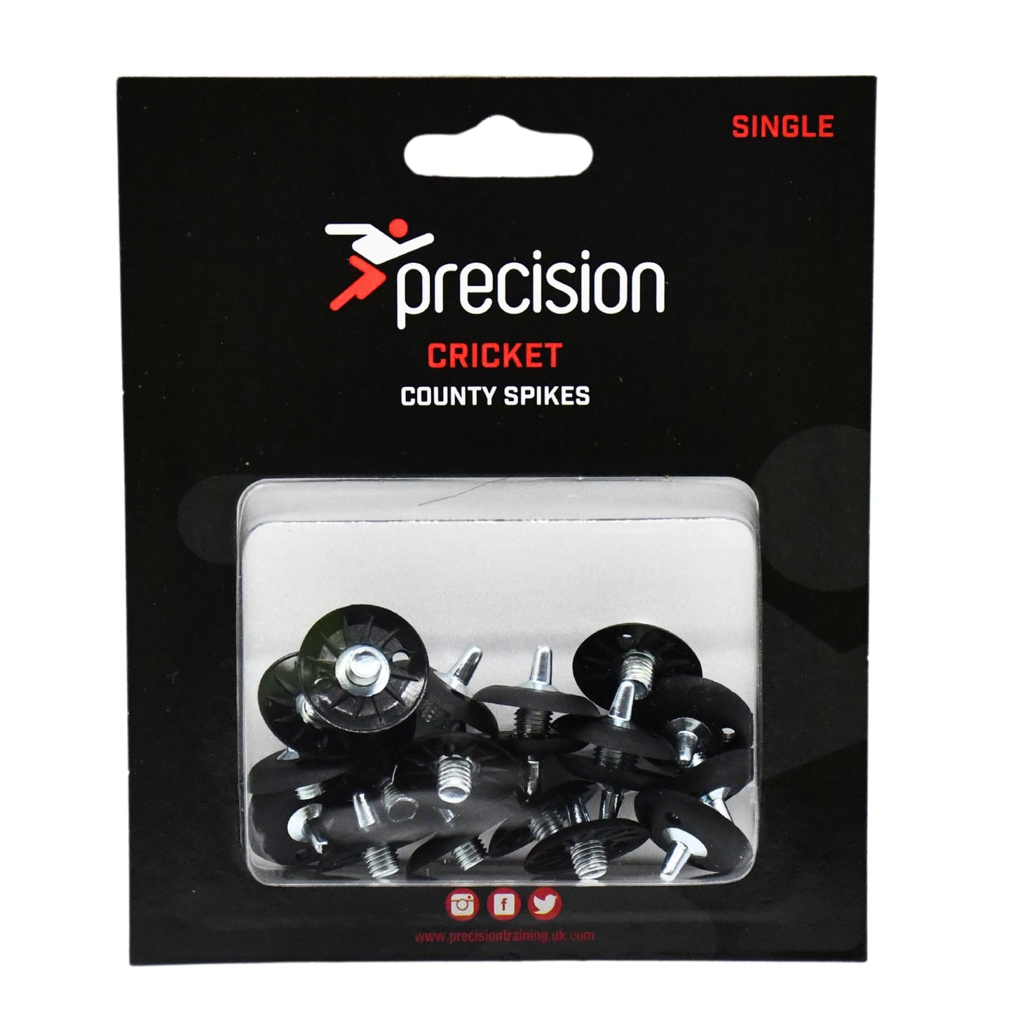 Precision County Spikes single, durable sporting goods footwear spikes for athletic performance, shown in black with metal tips.